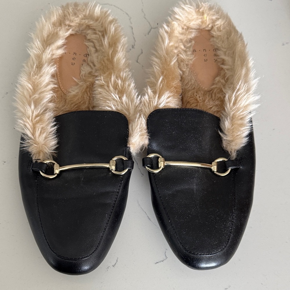 Target A New Day Faux-Fur Lined Black Leather Slip-On Loafers with Gold Bit